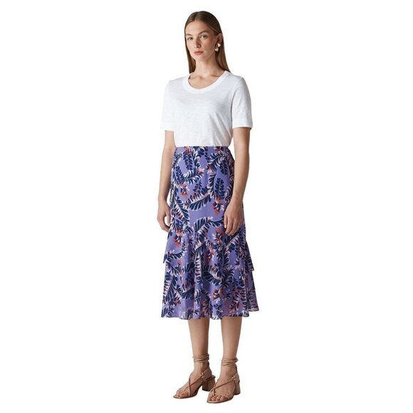 Whistles Purple Josephine Floral Print Tiered Frill Midi Skirt Size 2 - Picture 1 of 12